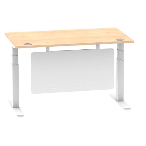 Air Modesty 1400 x 800mm Height Adjustable Office Desk Maple Top Cable Ports White Leg With White Steel Modesty Panel