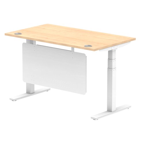 Air Modesty 1400 x 800mm Height Adjustable Office Desk Maple Top Cable Ports White Leg With White Steel Modesty Panel
