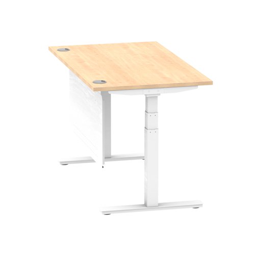 Air Modesty 1400 x 800mm Height Adjustable Office Desk Maple Top Cable Ports White Leg With White Steel Modesty Panel