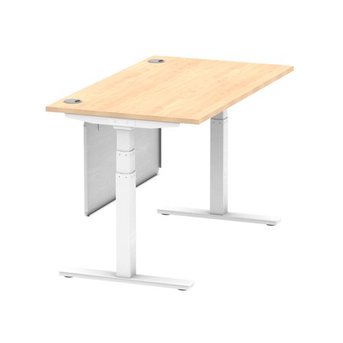 Air Modesty 1400 x 800mm Height Adjustable Office Desk Maple Top Cable Ports White Leg With White Steel Modesty Panel