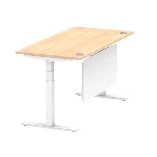 Air Modesty 1600 x 800mm Height Adjustable Office Desk Maple Top Cable Ports White Leg With White Steel Modesty Panel