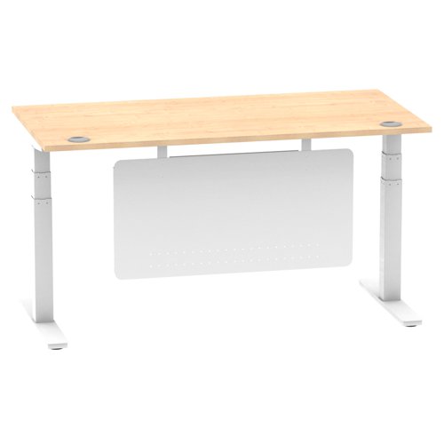 Air Modesty 1600 x 800mm Height Adjustable Office Desk Maple Top Cable Ports White Leg With White Steel Modesty Panel