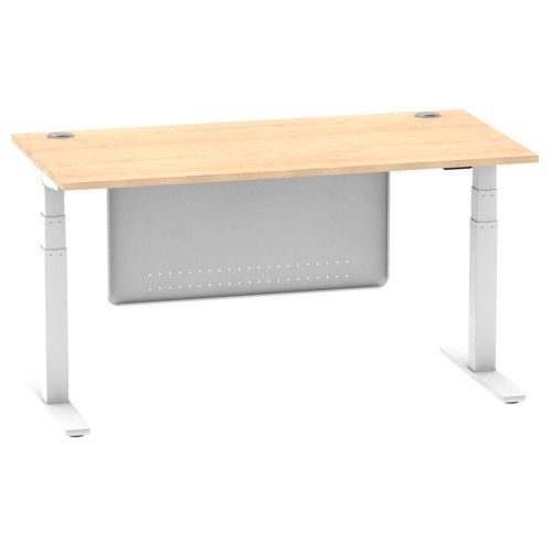 Air Modesty 1600 x 800mm Height Adjustable Office Desk Maple Top Cable Ports White Leg With White Steel Modesty Panel