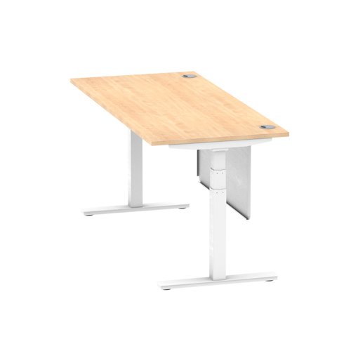 Air Modesty 1800 x 800mm Height Adjustable Office Desk Maple Top Cable Ports White Leg With White Steel Modesty Panel