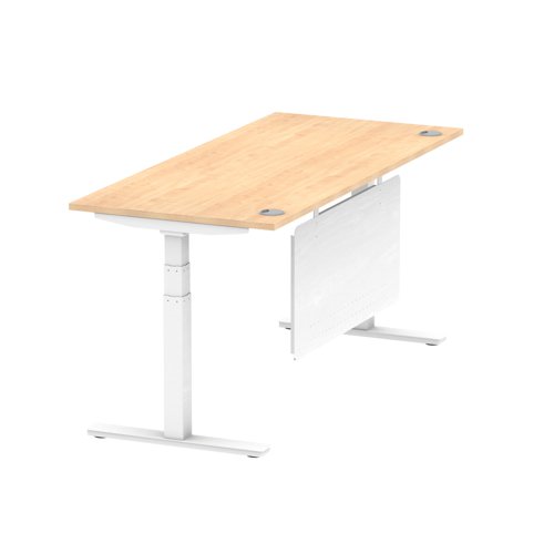 Air Modesty 1800 x 800mm Height Adjustable Office Desk Maple Top Cable Ports White Leg With White Steel Modesty Panel