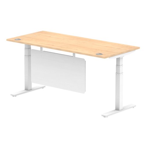 Air Modesty 1800 x 800mm Height Adjustable Office Desk Maple Top Cable Ports White Leg With White Steel Modesty Panel