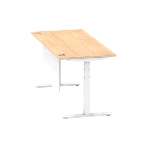 Air Modesty 1800 x 800mm Height Adjustable Office Desk Maple Top Cable Ports White Leg With White Steel Modesty Panel