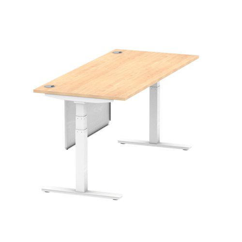 Air Modesty 1800 x 800mm Height Adjustable Office Desk Maple Top Cable Ports White Leg With White Steel Modesty Panel