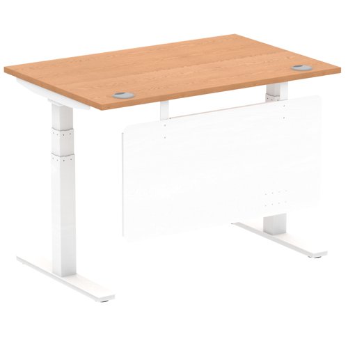 Air Modesty 1200 x 800mm Height Adjustable Office Desk Oak Top Cable Ports White Leg With White Steel Modesty Panel