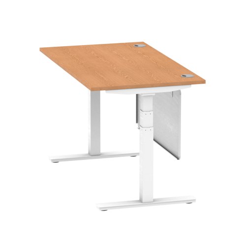 Air Modesty 1400 x 800mm Height Adjustable Office Desk Oak Top Cable Ports White Leg With White Steel Modesty Panel