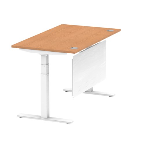 Air Modesty 1400 x 800mm Height Adjustable Office Desk Oak Top Cable Ports White Leg With White Steel Modesty Panel