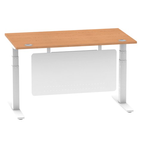 Air Modesty 1400 x 800mm Height Adjustable Office Desk Oak Top Cable Ports White Leg With White Steel Modesty Panel