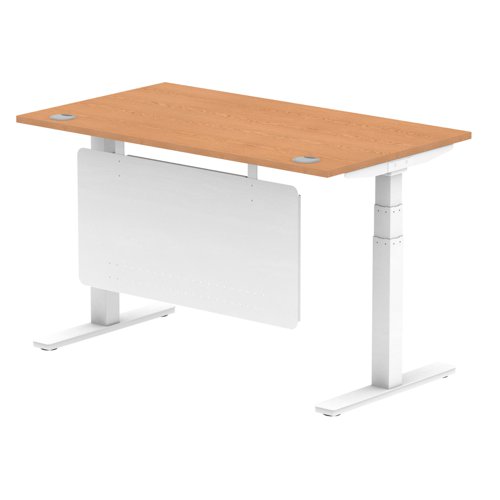 Air Modesty 1400 x 800mm Height Adjustable Office Desk Oak Top Cable Ports White Leg With White Steel Modesty Panel
