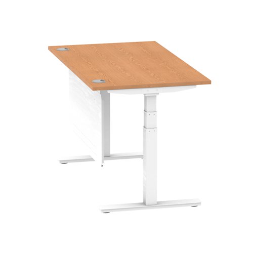 Air Modesty 1400 x 800mm Height Adjustable Office Desk Oak Top Cable Ports White Leg With White Steel Modesty Panel
