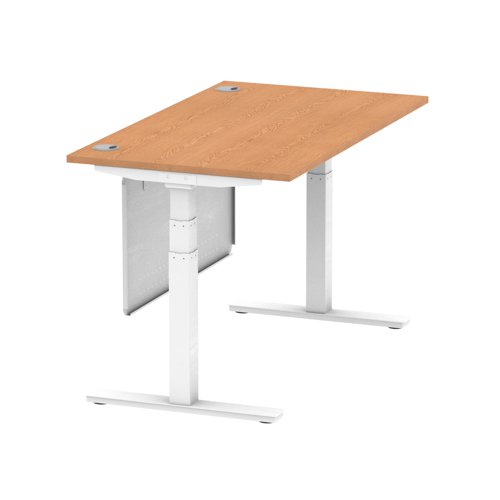 Air Modesty 1400 x 800mm Height Adjustable Office Desk Oak Top Cable Ports White Leg With White Steel Modesty Panel