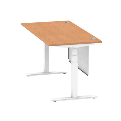 Air Modesty 1600 x 800mm Height Adjustable Office Desk Oak Top Cable Ports White Leg With White Steel Modesty Panel