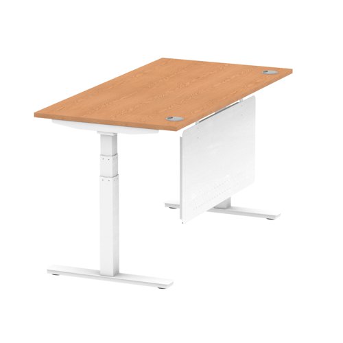 Air Modesty 1600 x 800mm Height Adjustable Office Desk Oak Top Cable Ports White Leg With White Steel Modesty Panel