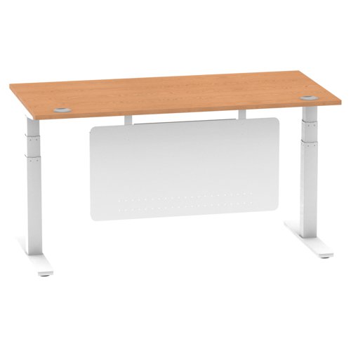 Air Modesty 1600 x 800mm Height Adjustable Office Desk Oak Top Cable Ports White Leg With White Steel Modesty Panel