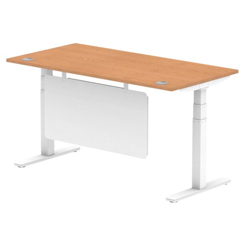 Air Modesty 1600 x 800mm Height Adjustable Office Desk Oak Top Cable Ports White Leg With White Steel Modesty Panel