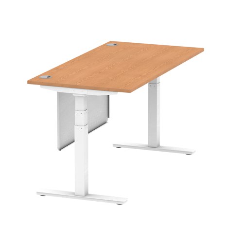 Air Modesty 1600 x 800mm Height Adjustable Office Desk Oak Top Cable Ports White Leg With White Steel Modesty Panel