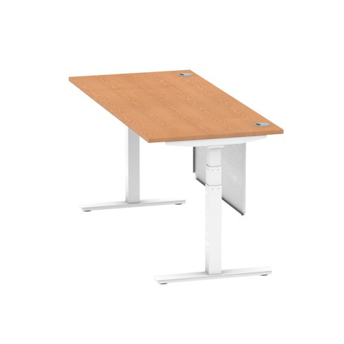 HA01360 Air Modesty 1800 x 800mm Height Adjustable Office Desk Oak Top Cable Ports White Leg With White Steel Modesty Panel