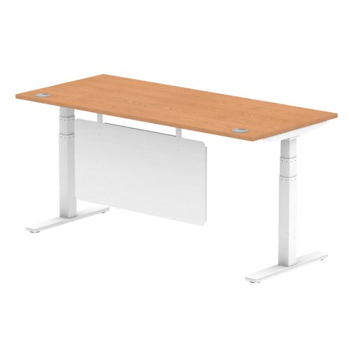 Air Modesty 1800 x 800mm Height Adjustable Office Desk Oak Top Cable Ports White Leg With White Steel Modesty Panel