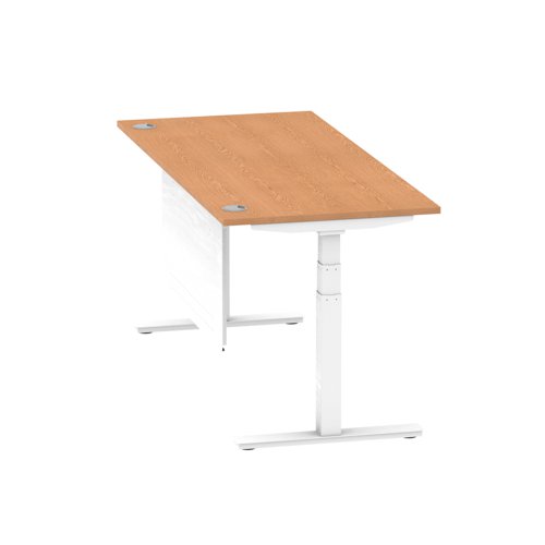 Air Modesty 1800 x 800mm Height Adjustable Office Desk Oak Top Cable Ports White Leg With White Steel Modesty Panel