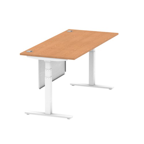 Air Modesty 1800 x 800mm Height Adjustable Office Desk Oak Top Cable Ports White Leg With White Steel Modesty Panel