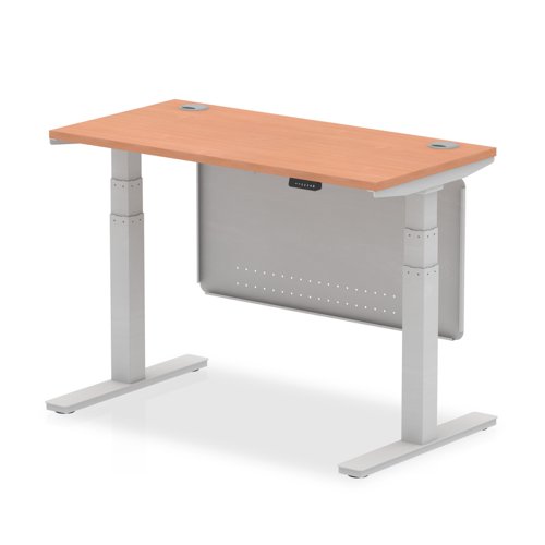 Air 1200 x 600mm Height Adjustable Desk Beech Top Cable Ports Silver Leg With Silver Steel Modesty Panel