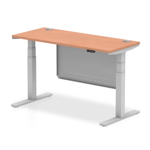 Air Modesty 1400 x 600mm Height Adjustable Office Desk Beech Top Cable Ports Silver Leg With Silver Steel Modesty Panel