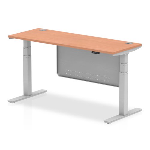 Air Modesty 1600 x 600mm Height Adjustable Office Desk Beech Top Cable Ports Silver Leg With Silver Steel Modesty Panel