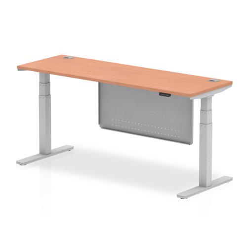 Air Modesty 1800 x 600mm Height Adjustable Office Desk Beech Top Cable Ports Silver Leg With Silver Steel Modesty Panel