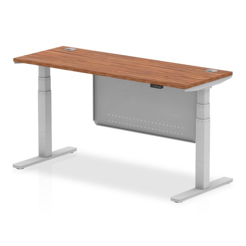 Air Modesty 1600 x 600mm Height Adjustable Office Desk Walnut Top Cable Ports Silver Leg With Silver Steel Modesty Panel