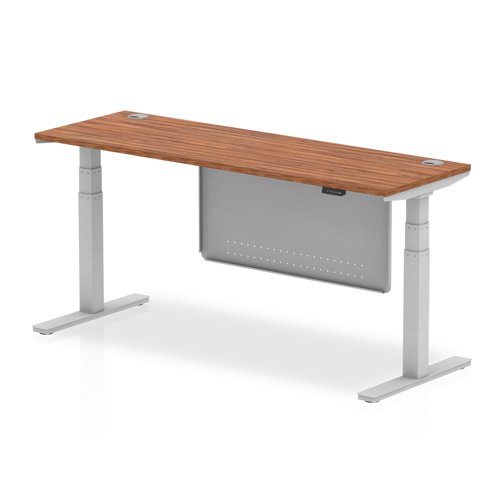 Air Modesty 1800 x 600mm Height Adjustable Office Desk Walnut Top Cable Ports Silver Leg With Silver Steel Modesty Panel