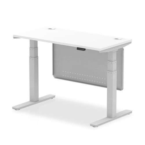 Air 1200 x 600mm Height Adjustable Desk White Top Cable Ports Silver Leg With Silver Steel Modesty Panel