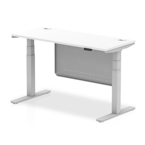 Air Modesty 1400 x 600mm Height Adjustable Office Desk White Top Cable Ports Silver Leg With Silver Steel Modesty Panel