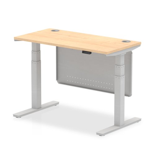 Air 1200 x 600mm Height Adjustable Desk Maple Top Cable Ports Silver Leg With Silver Steel Modesty Panel