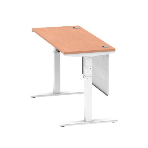 Air Modesty 1400 x 600mm Height Adjustable Office Desk Beech Top Cable Ports White Leg With White Steel Modesty Panel