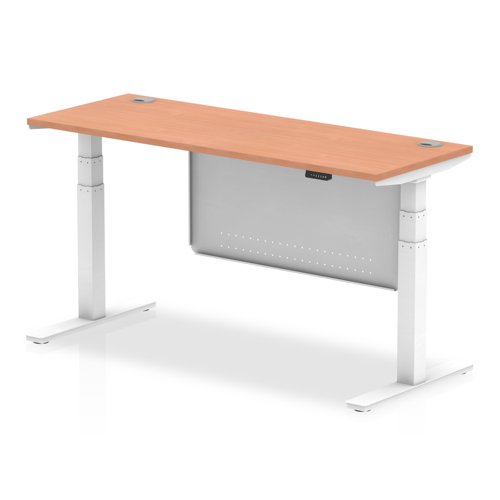 Air Modesty 1600 x 600mm Height Adjustable Office Desk Beech Top Cable Ports White Leg With White Steel Modesty Panel