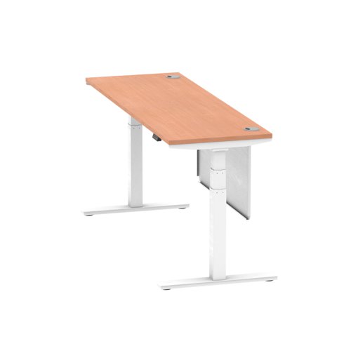 Air Modesty 1800 x 600mm Height Adjustable Office Desk Beech Top Cable Ports White Leg With White Steel Modesty Panel