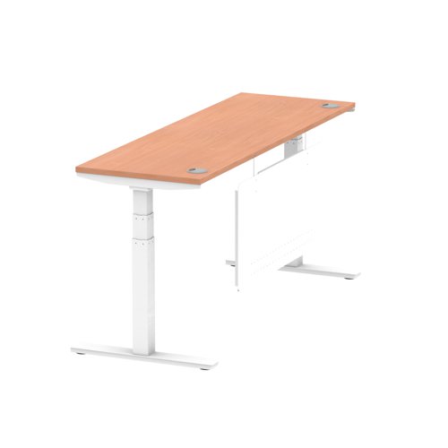 Air Modesty 1800 x 600mm Height Adjustable Office Desk Beech Top Cable Ports White Leg With White Steel Modesty Panel