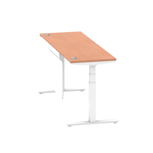 Air Modesty 1800 x 600mm Height Adjustable Office Desk Beech Top Cable Ports White Leg With White Steel Modesty Panel