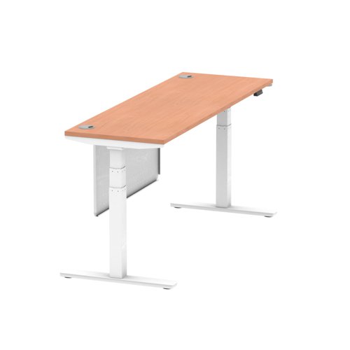 Air Modesty 1800 x 600mm Height Adjustable Office Desk Beech Top Cable Ports White Leg With White Steel Modesty Panel