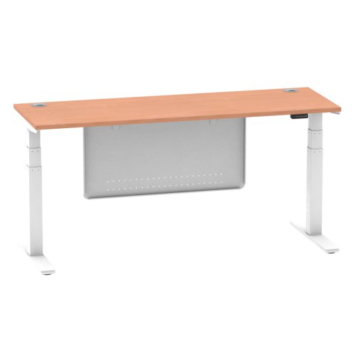 Air Modesty 1800 x 600mm Height Adjustable Office Desk Beech Top Cable Ports White Leg With White Steel Modesty Panel