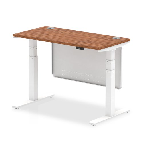 Air Modesty 1200 x 600mm Height Adjustable Office Desk Walnut Top Cable Ports White Leg With White Steel Modesty Panel