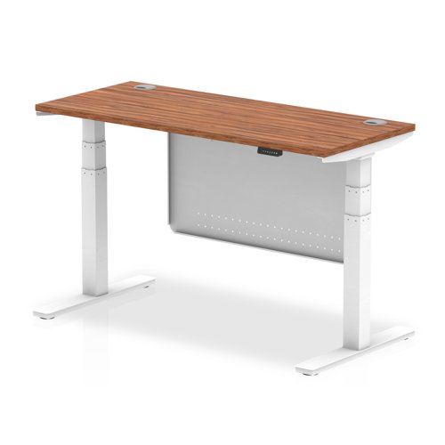Air Modesty 1400 x 600mm Height Adjustable Office Desk Walnut Top Cable Ports White Leg With White Steel Modesty Panel