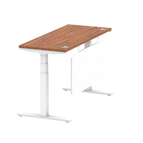 Air Modesty 1400 x 600mm Height Adjustable Office Desk Walnut Top Cable Ports White Leg With White Steel Modesty Panel