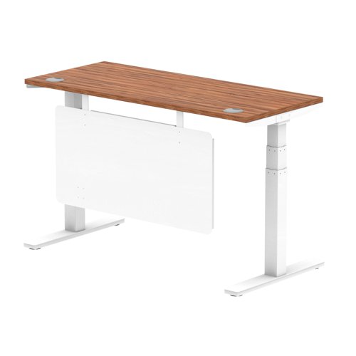 Air Modesty 1400 x 600mm Height Adjustable Office Desk Walnut Top Cable Ports White Leg With White Steel Modesty Panel