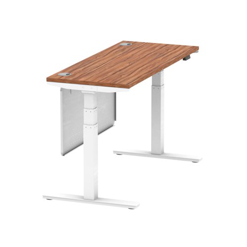 Air Modesty 1400 x 600mm Height Adjustable Office Desk Walnut Top Cable Ports White Leg With White Steel Modesty Panel