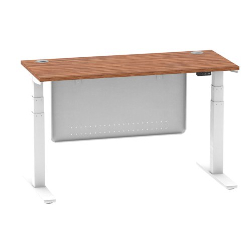 Air Modesty 1400 x 600mm Height Adjustable Office Desk Walnut Top Cable Ports White Leg With White Steel Modesty Panel